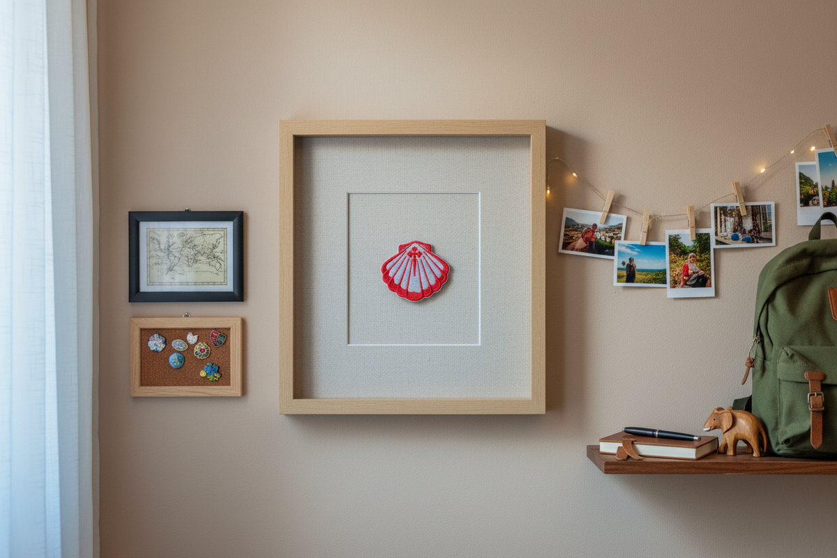 Red scallop shell Camino de Santiago patch displayed in a shadow box frame on a wall