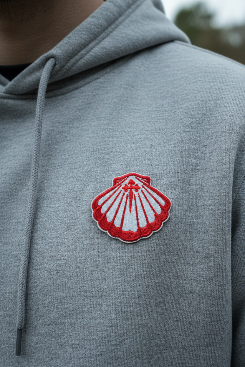 Red scallop shell Camino de Santiago patch ironed onto a grey hoodie