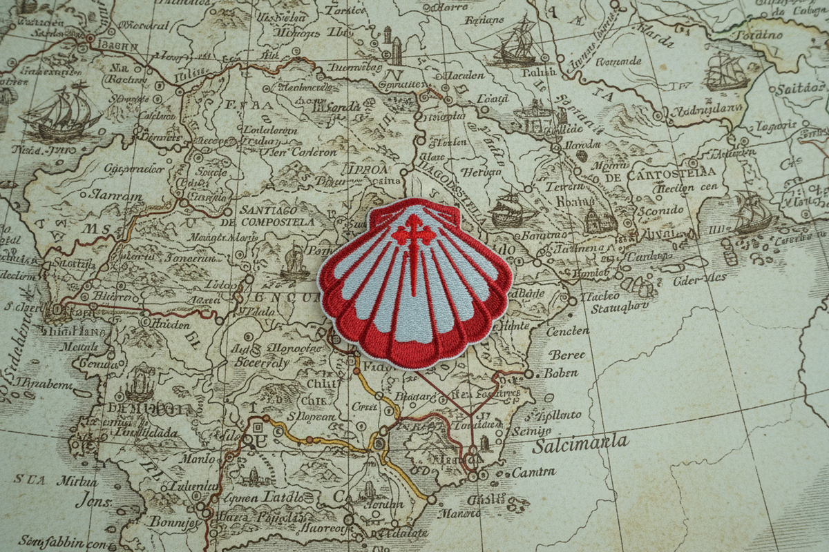 Red scallop shell iron-on patch from Pilgrim Artifact resting on an antique map of the Camino de Santiago routes