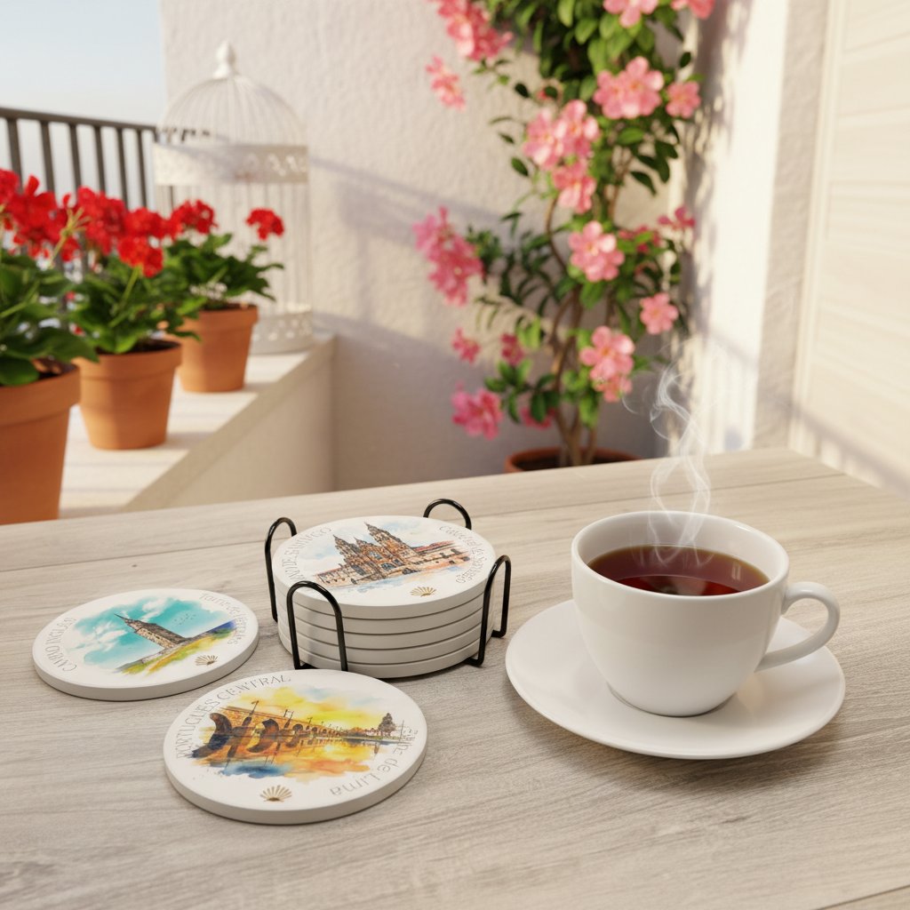 Camino de Santiago ceramic coasters including the Camino Ingles design among other Camino route coasters by Pilgrim Artifact displayed on a coffee table in a cozy patio room setting with a steaming cup of tea and soft flowers