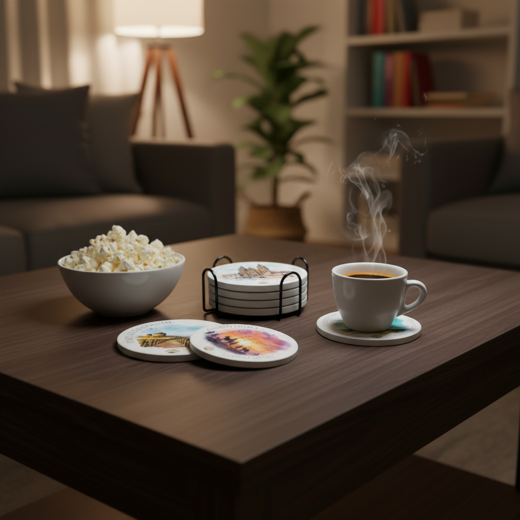 A wooden coffee table in a cozy living room setting, styled with a bowl of popcorn, a steaming cup of coffee on camino portugues and camino frances ceramic coasters from Pilgrim Artifact, a stack of coasters, and two round coasters in the foreground.