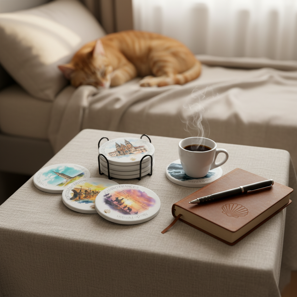 Multiple Camino de Santiago ceramic coasters including the Catedral de Santiago and Camino Frances designs as well as others from the Camino route collection by Pilgrim Artifact arranged on a table with a Camino journal next to a reading nook with a sleeping kitty cat