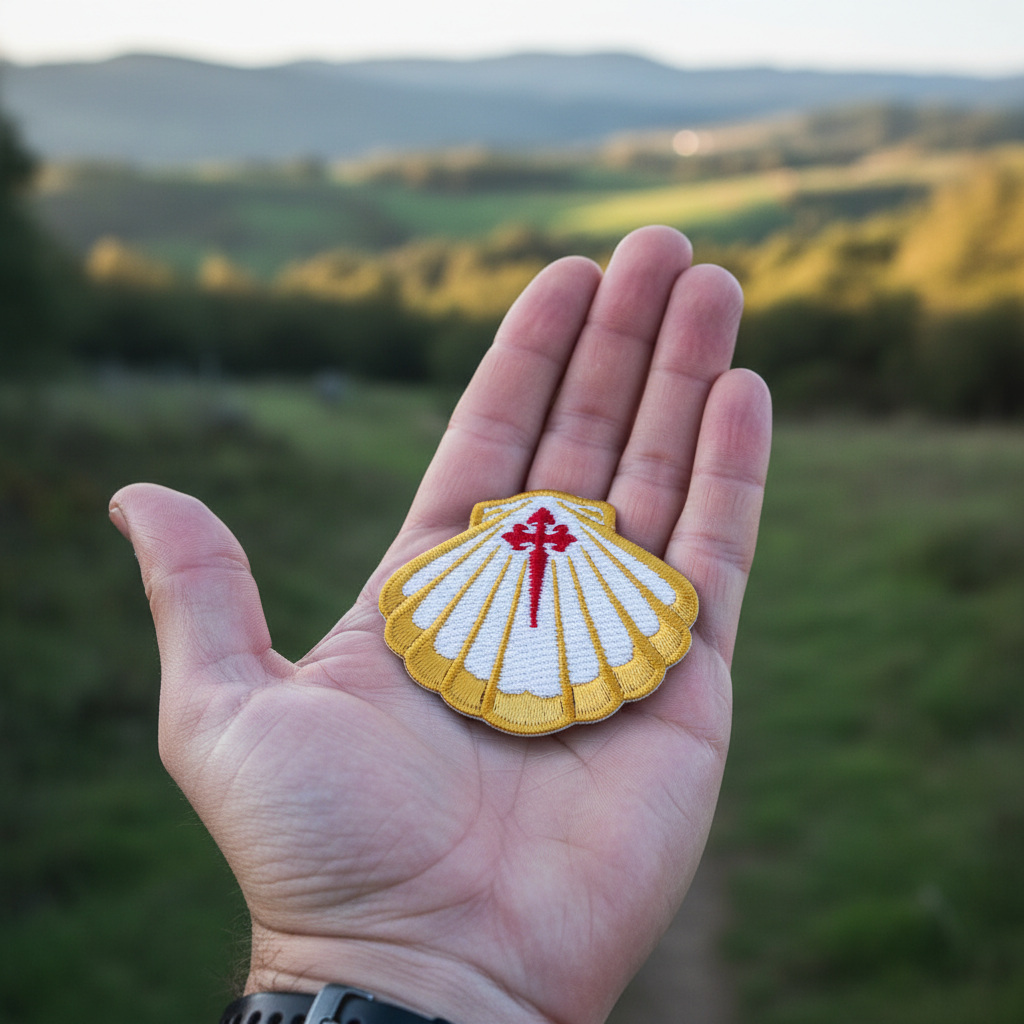 Embroidered scallop shell Camino de Santiago patch with Cross of Saint James held in an open hand against a green hillside landscape