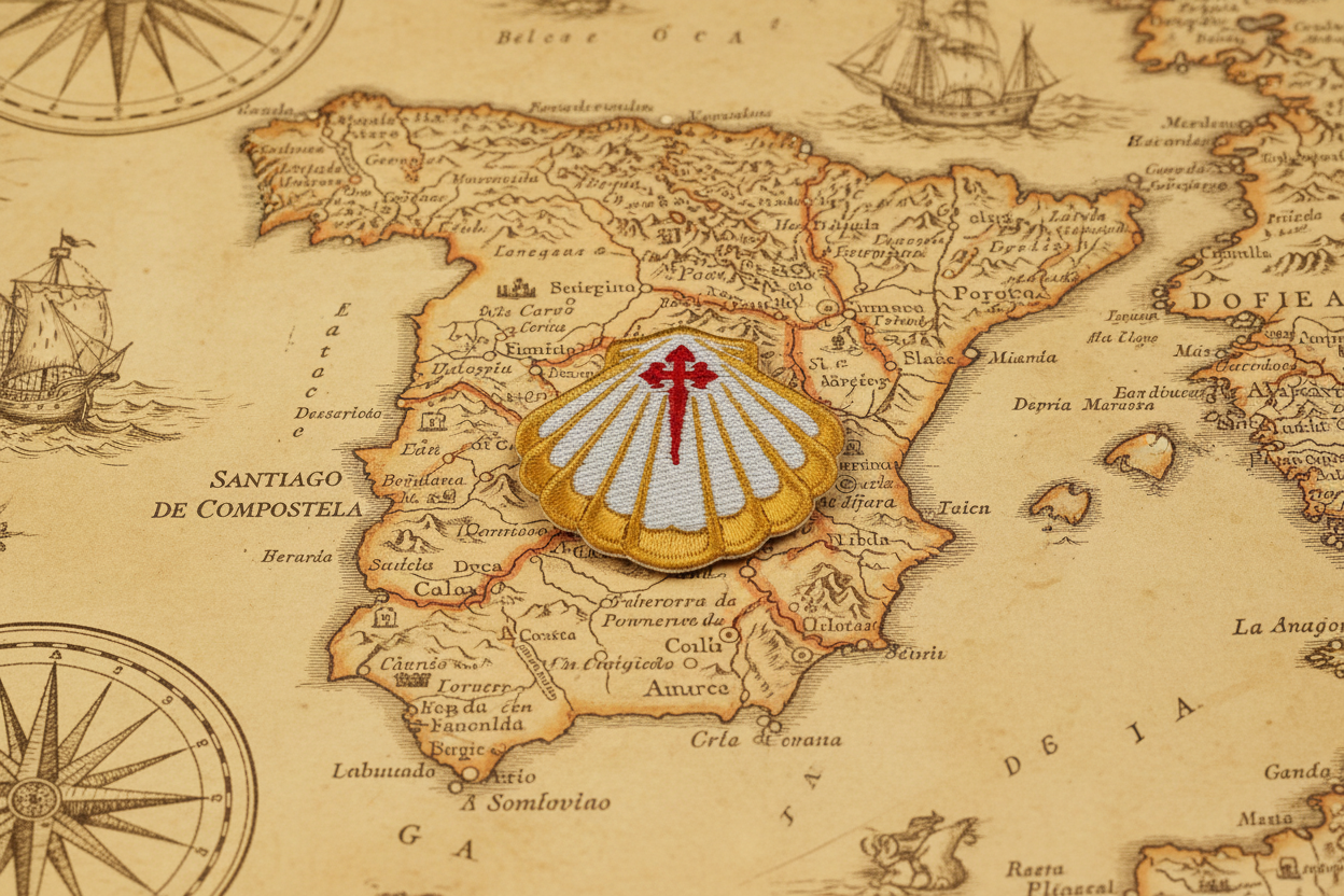Scallop shell iron-on patch displayed on an antique map of Spain and the Camino de Santiago