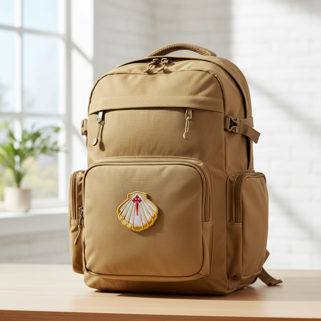 Scallop shell iron-on patch attached to hiking backpack