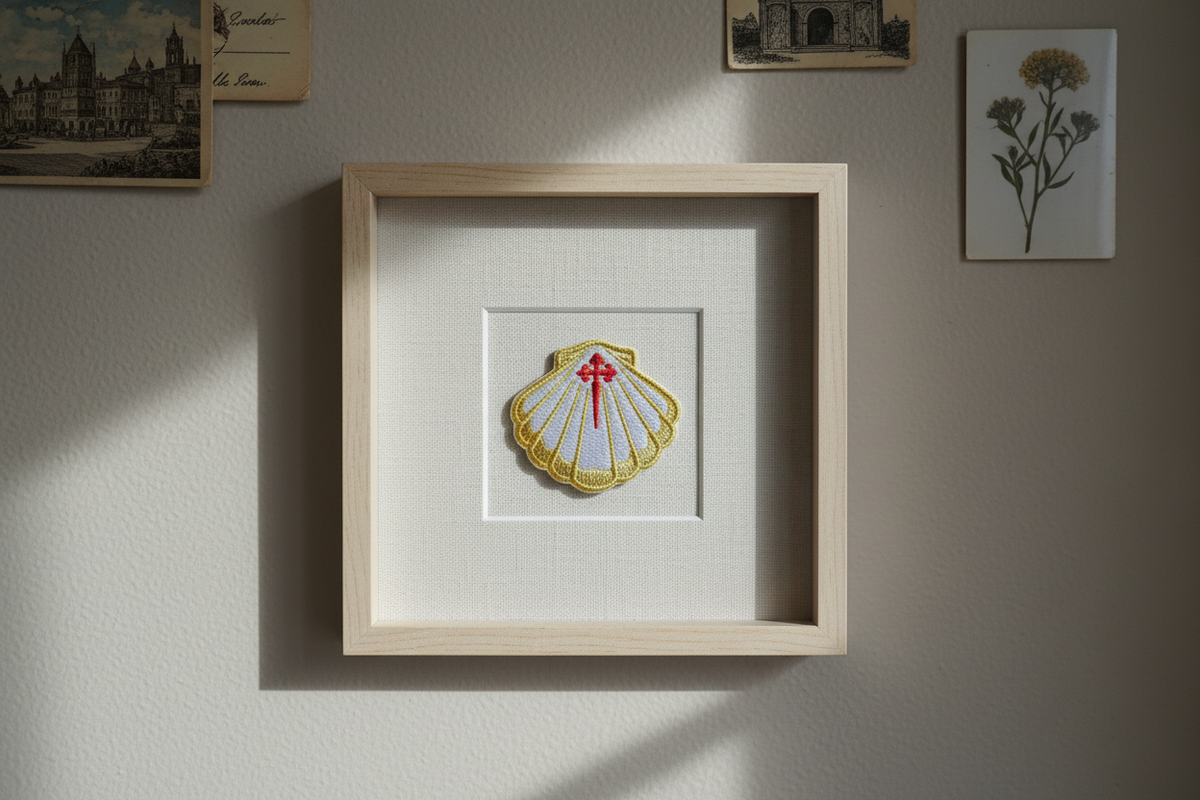 Sparkling gold scallop shell Camino de Santiago patch displayed in a shadow box frame on a wall