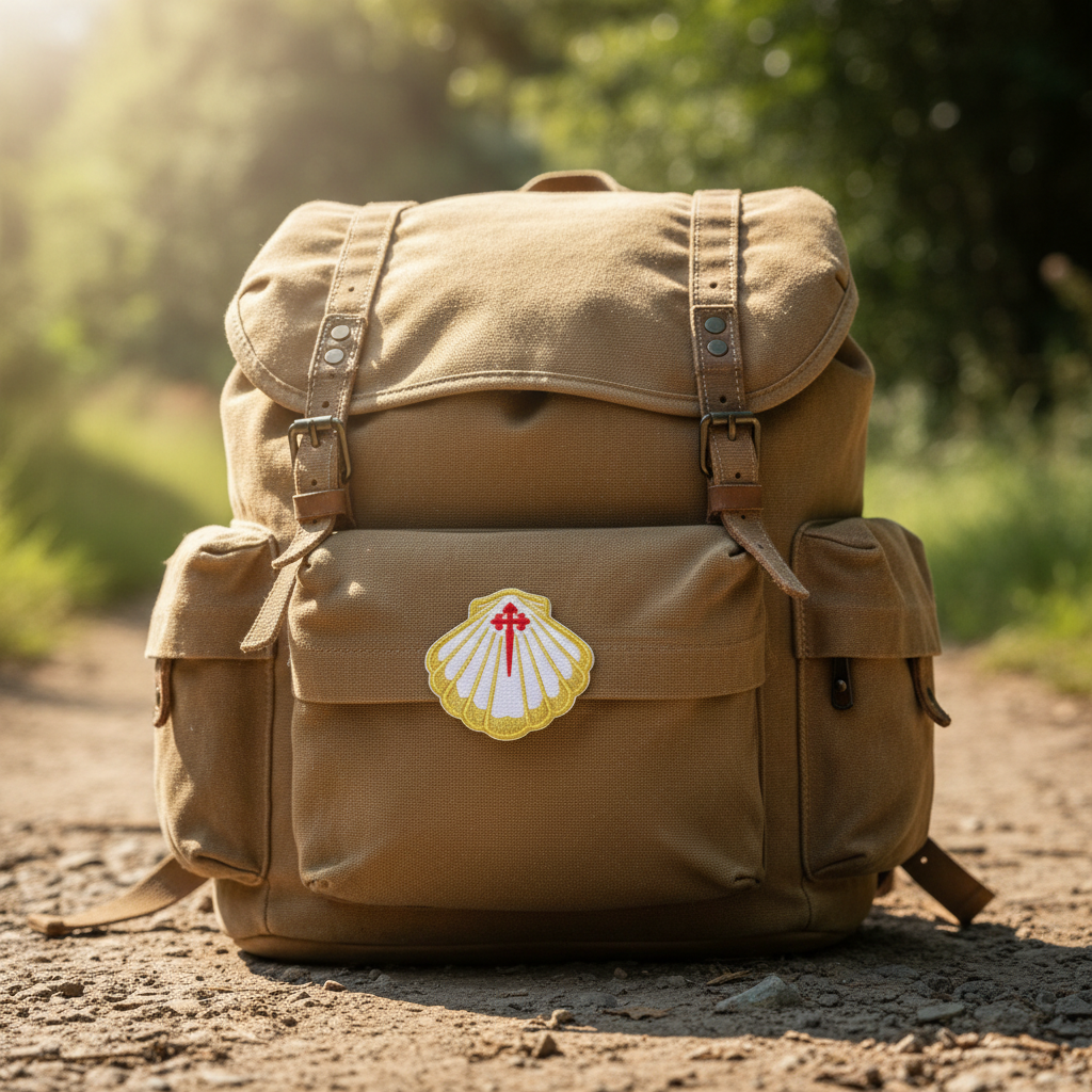Pilgrim Artifact sparkling gold scallop shell iron-on patch fused flat on a tan pilgrim backpack