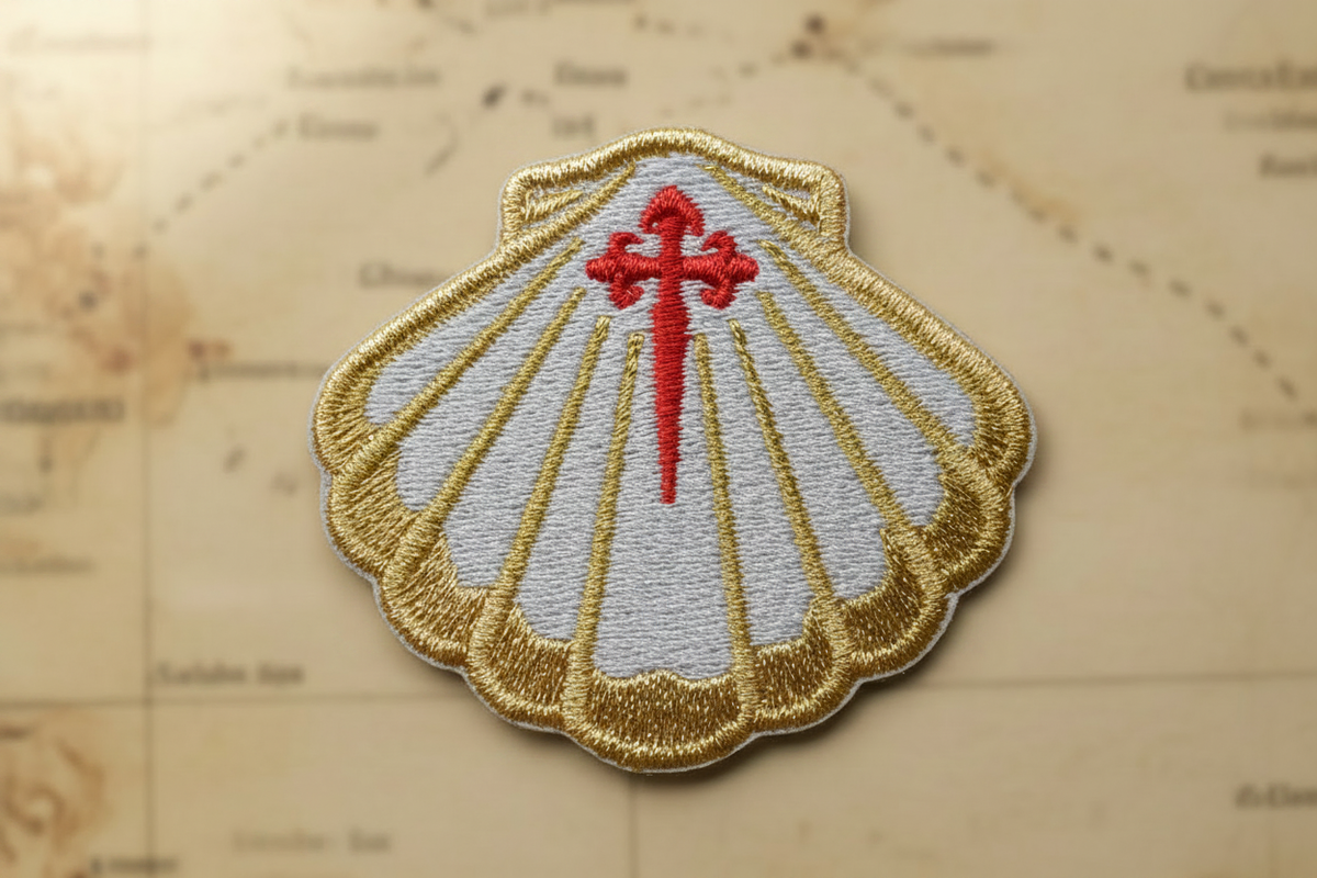 Pilgrim Artifact sparkling gold and white scallop shell patch with the red Cross of Saint James resting on an antique map of the Camino routes