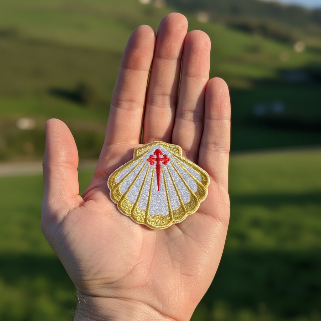 Sparkling gold and white scallop shell iron-on patch from Pilgrim Artifact resting on an open hand