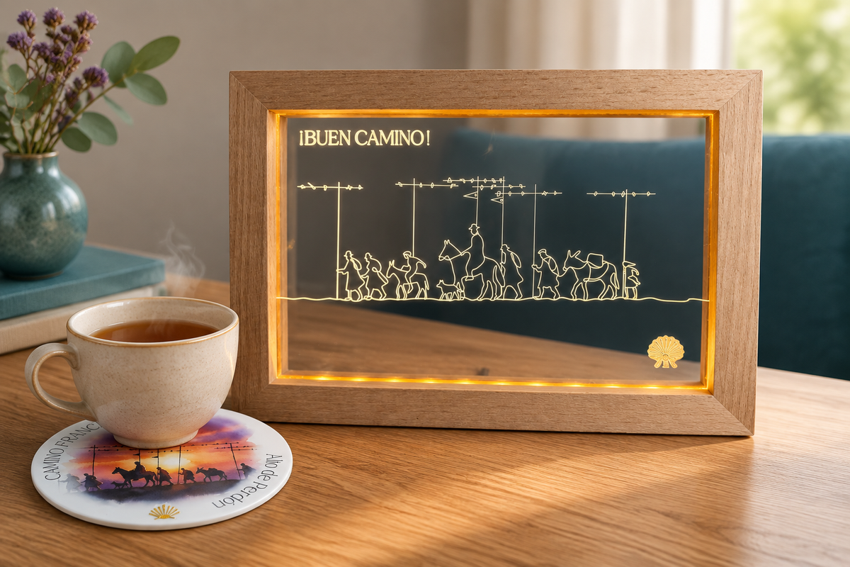 Pilgrim Artifact Alto de Perdón Camino LED frame beside tea on a Camino Francés coaster.