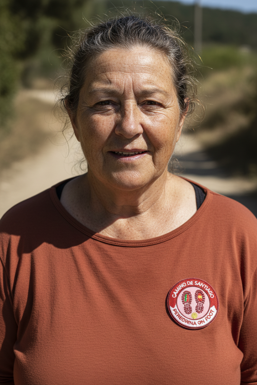 Red Peregrina On Foot iron-on patch from Pilgrim Artifact featured on an elderly pilgrim woman's shirt
