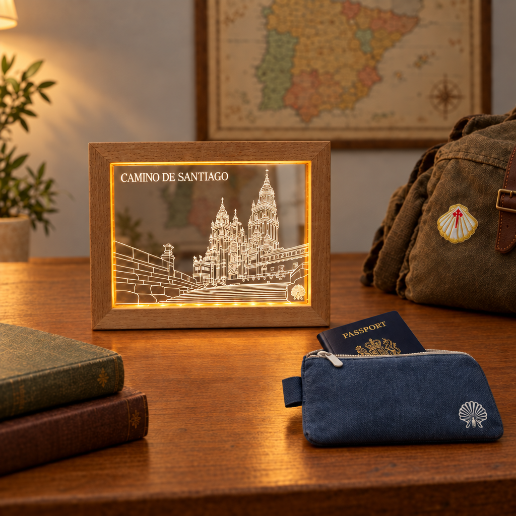 Camino de Santiago LED frame standing on a wooden desk in a pilgrim display with a denim pouch and passport, a scallop shell patch on a rucksack, and a map of Spain on the wall.