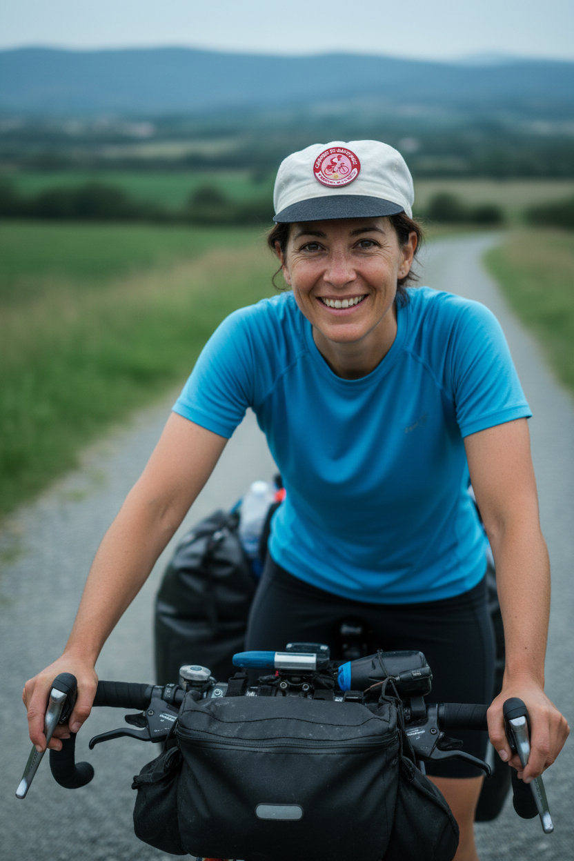 Smiling woman cyclist on a Camino de Santiago road wearing a cream cap with the Peregrina On Wheels patch from Pilgrim Artifact