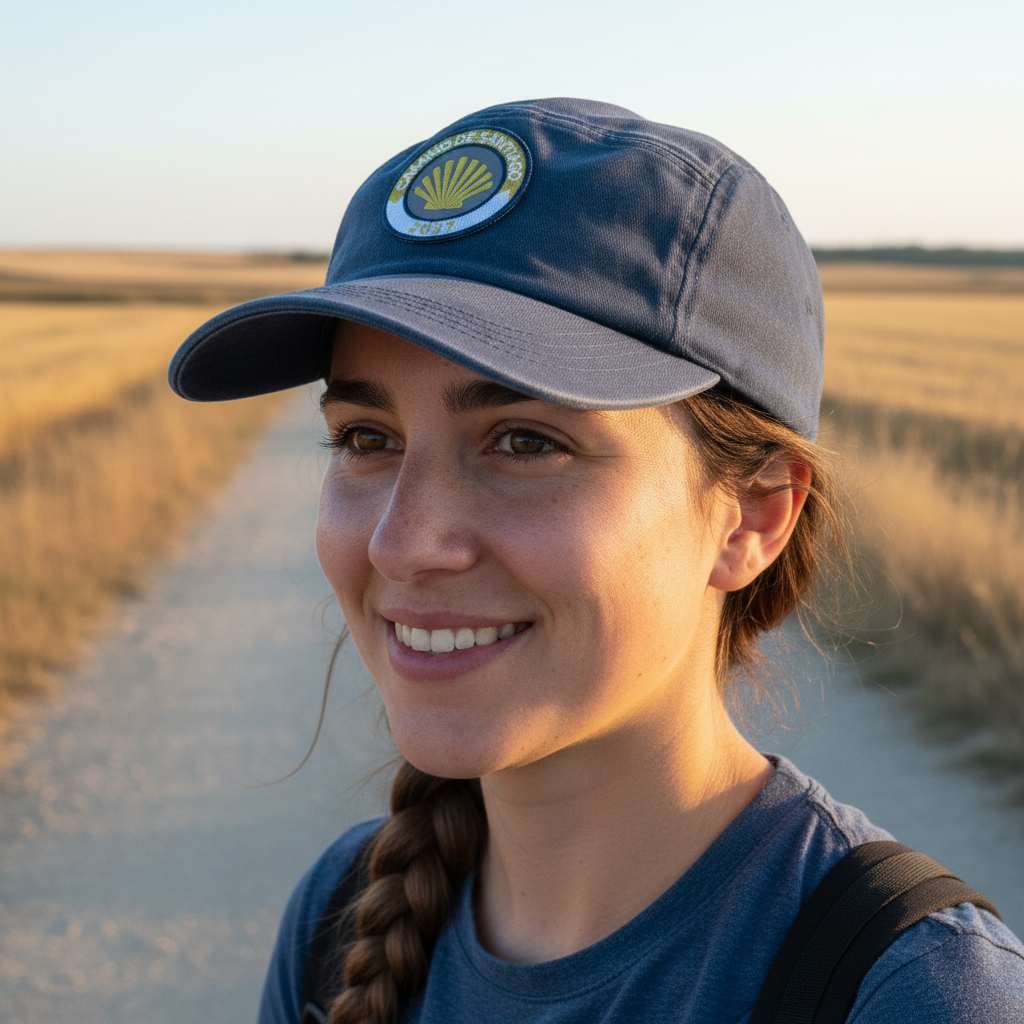 Woman pilgrim wearing a navy cap with the gold and white Camino de Santiago 2027 year badge patch