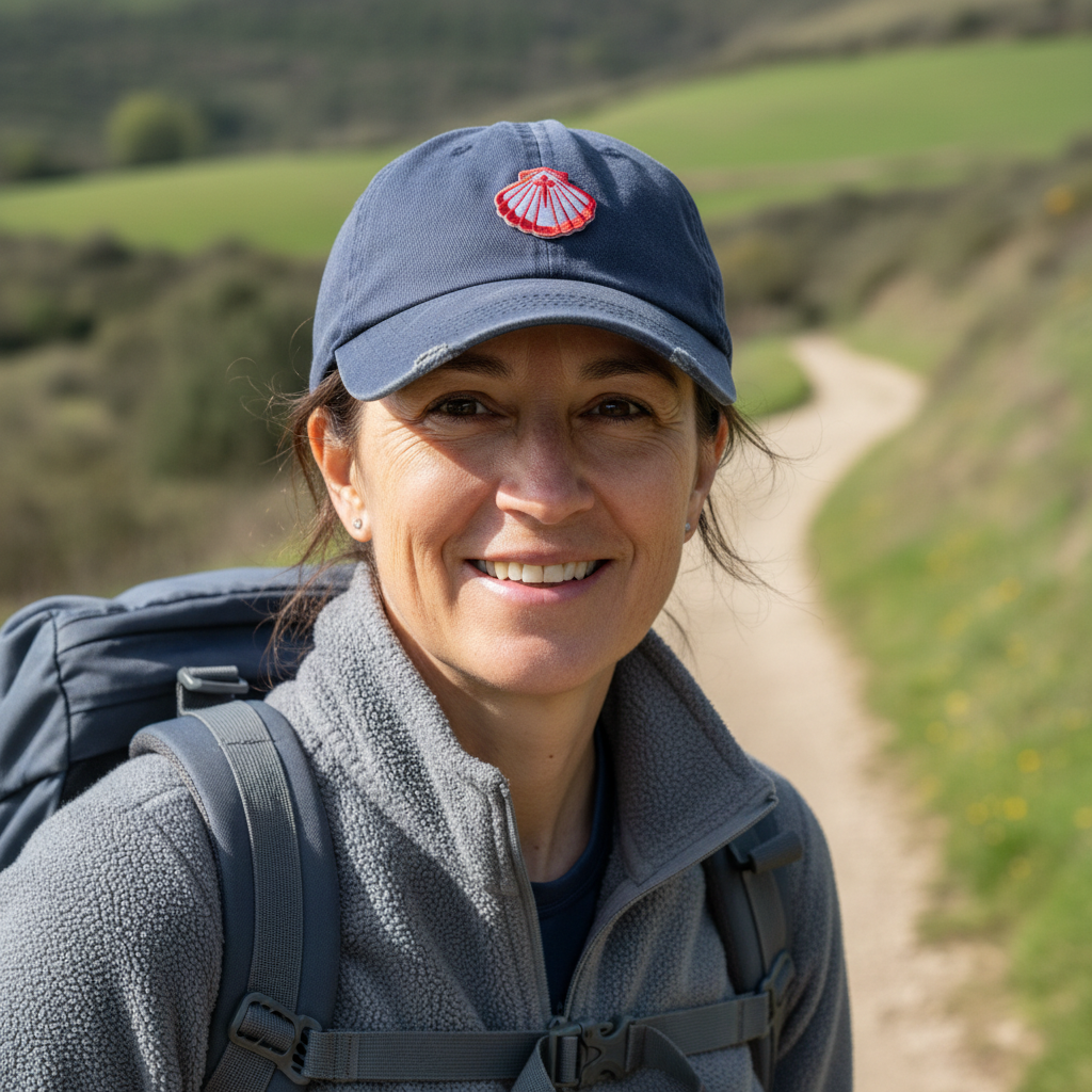 Woman pilgrim smiling on a Camino de Santiago trail wearing a navy cap with a small red and white scallop shell iron-on patch from Pilgrim Artifact on the front panel 