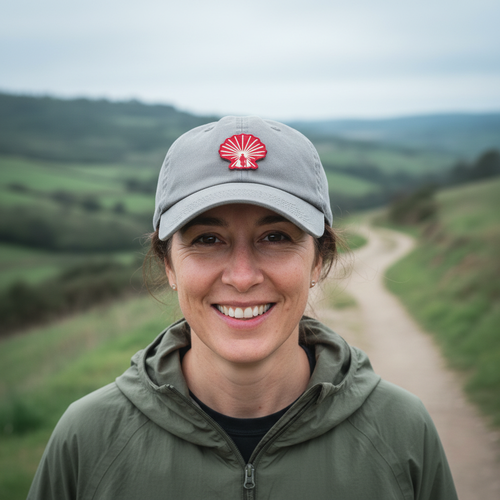 Woman pilgrim wearing a grey cap with the red and gold Enlightened Pilgrim Camino de Santiago patch on the front panel